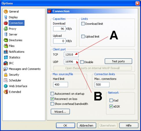 Historische schermafbeelding uit de officiële eMule-handleiding: A is TCP, B is UDP. De nummers zijn voorbeelden; lees de waarden in jouw client. Dit is geen Windows 11-scherm of eigen 0.72a-test.